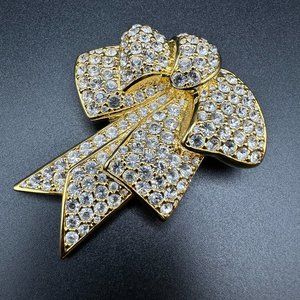 Vintage Nolan Miller Vintage Bow Pave Brooch Pin rhinestone with gold tone